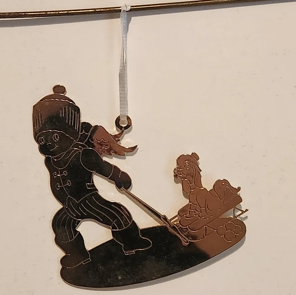 3 1/4” Vintage 1979 Pressed Brass Christmas Ornament Angel pulling Dog on Sled